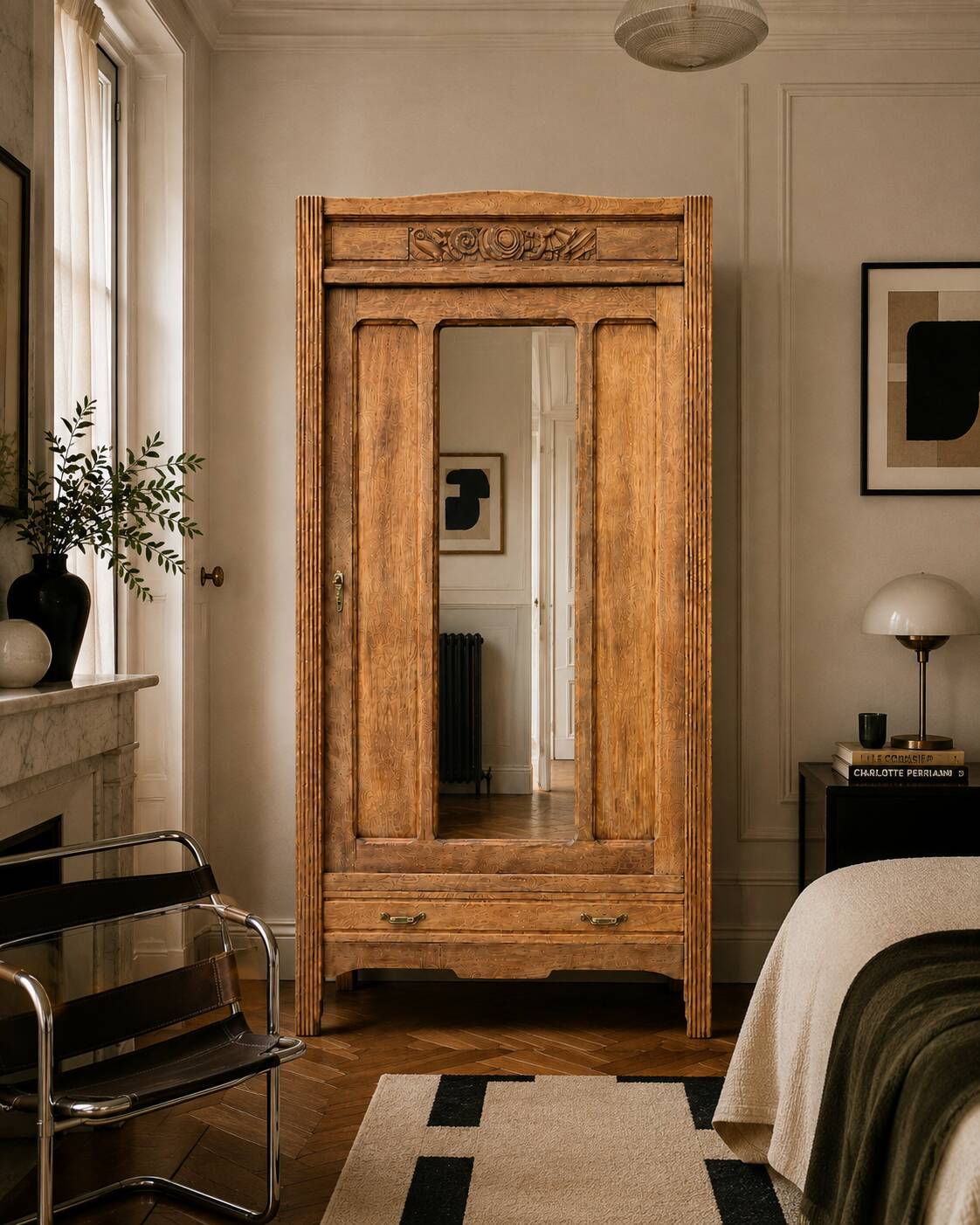 Art Deco bonnetière wardrobe from Paris in raw and solid oak.
