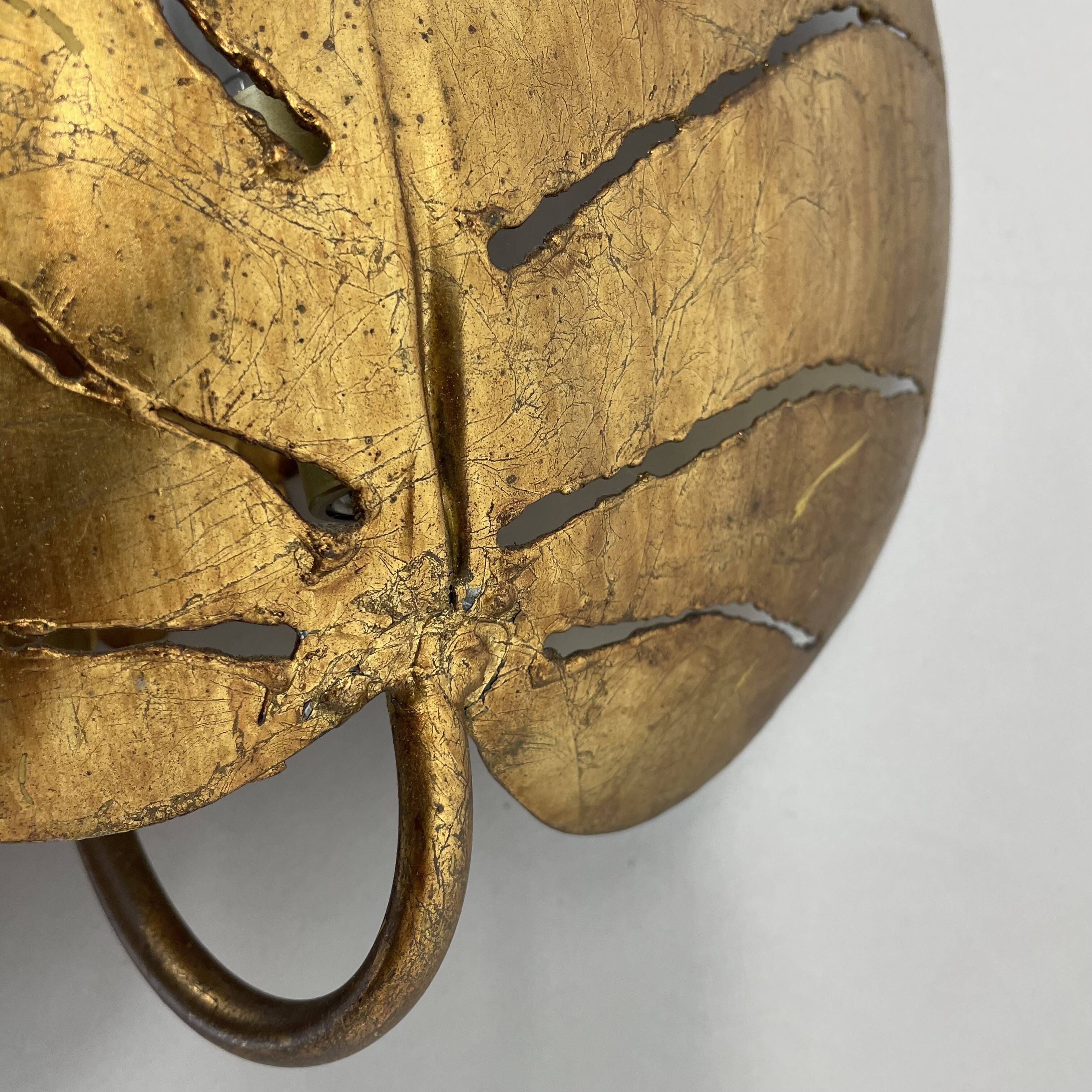 Golden metal "monstera" leaf wall light sconce, france, 1970s