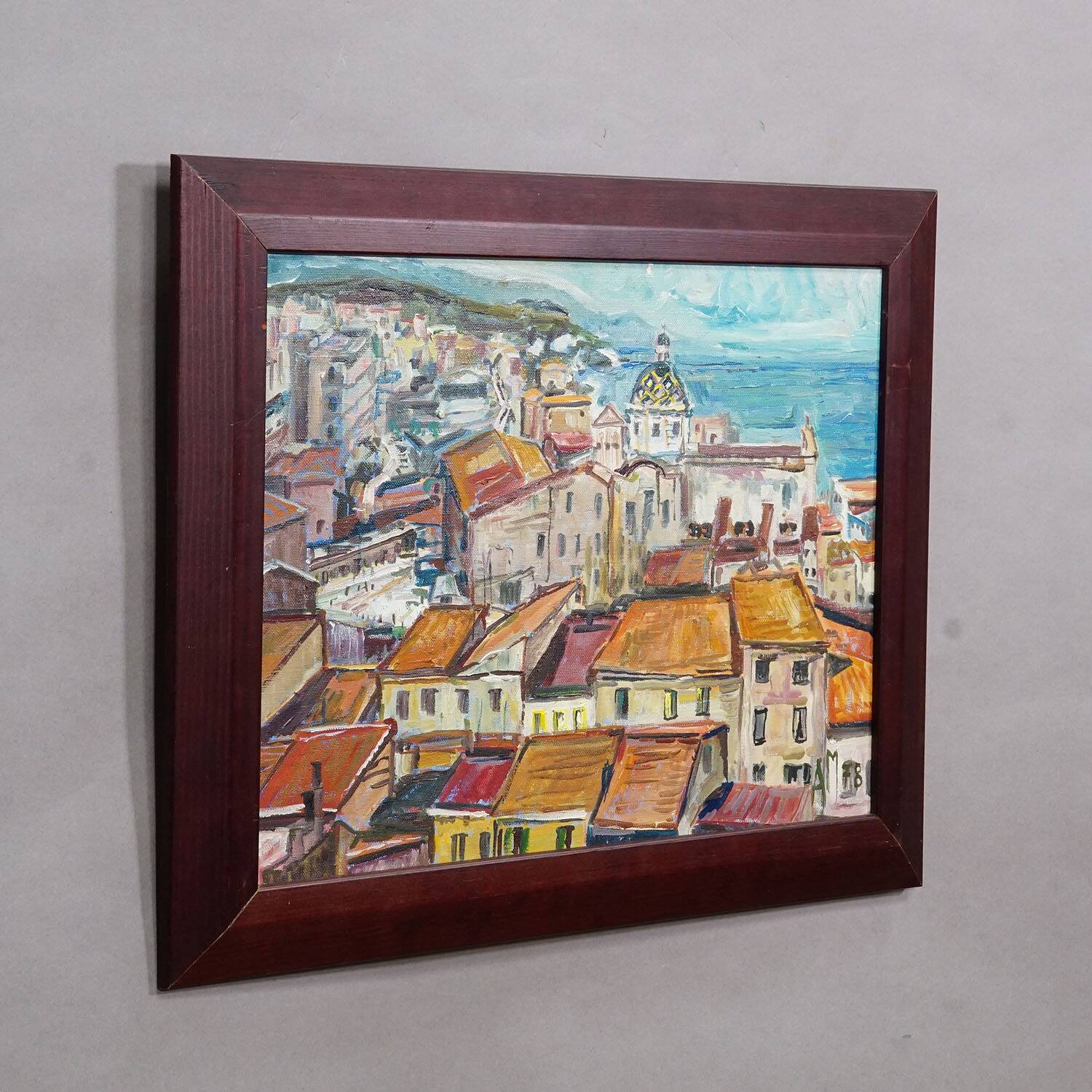 Oil painting by Alexander Michael of a coastal town in southern Italy, 1978.