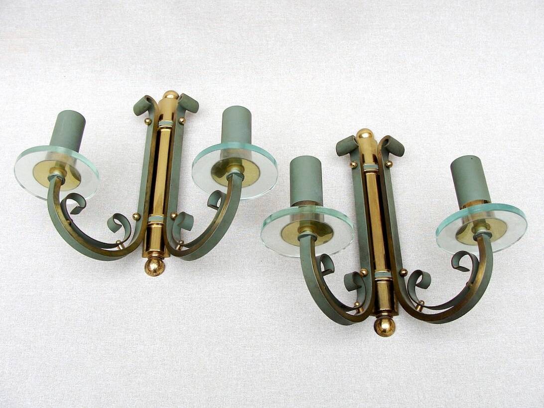Pair of art deco lacquered metal, brass and glass wall lights