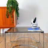 Rectangular coffee table in chrome and smoked glass, arched legs, Space Age, Design, 1970
