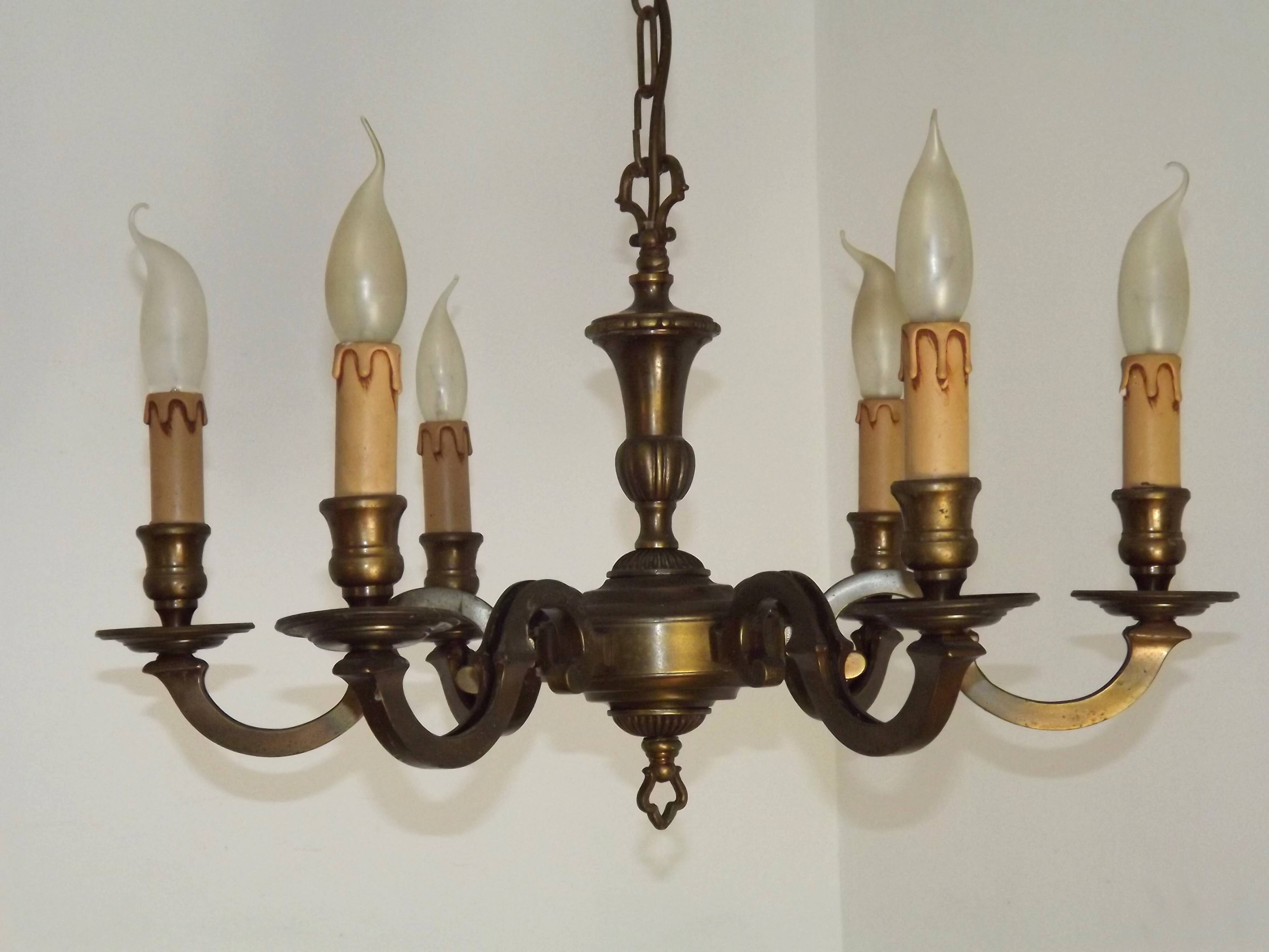 French Mid Century Brass & Copper 6 Light Traditional Style Chandelier 5571