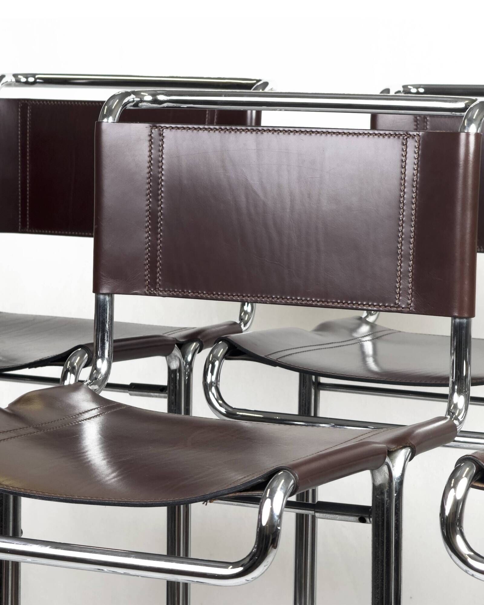 Set of 6 Linea Veam Modernist Leather and Chrome Bar Stools, 1960s