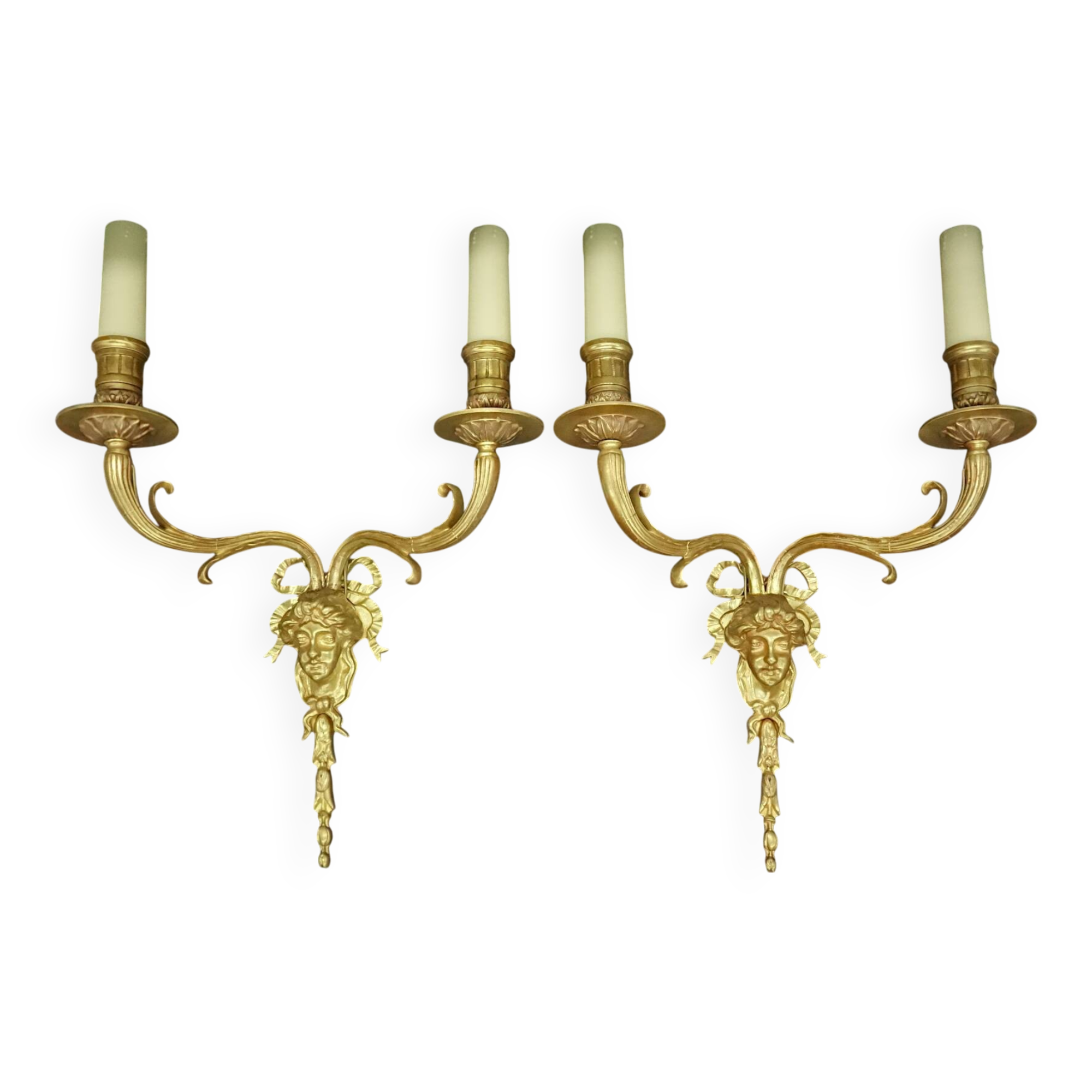 Pair of large Louis XVI style sconces with male faces - bronze