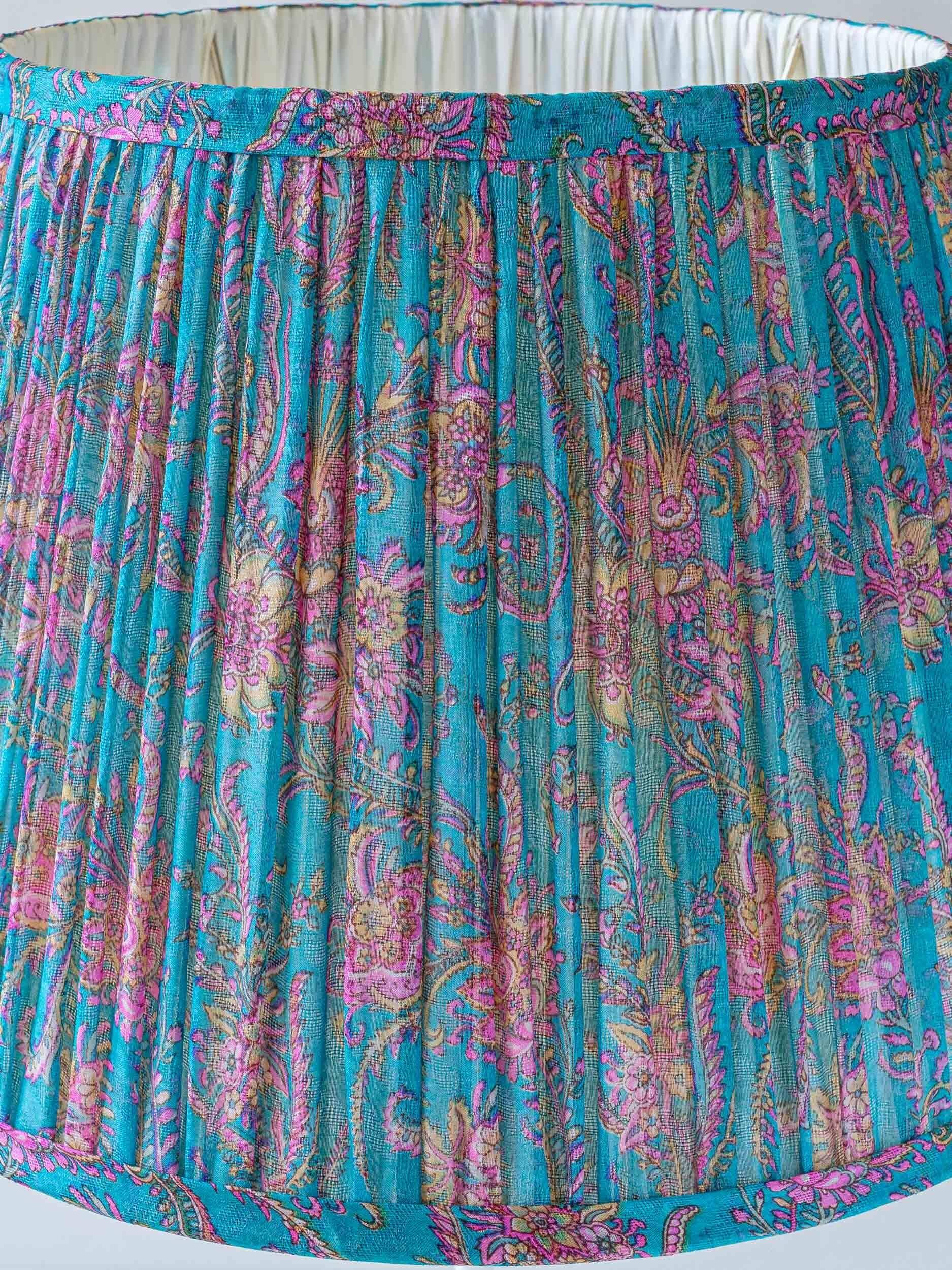 New handcrafted lampshade in vintage silk sari, turquoise pink floral.