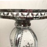 Small wooden pedestal table entirely covered with mirror mosaic