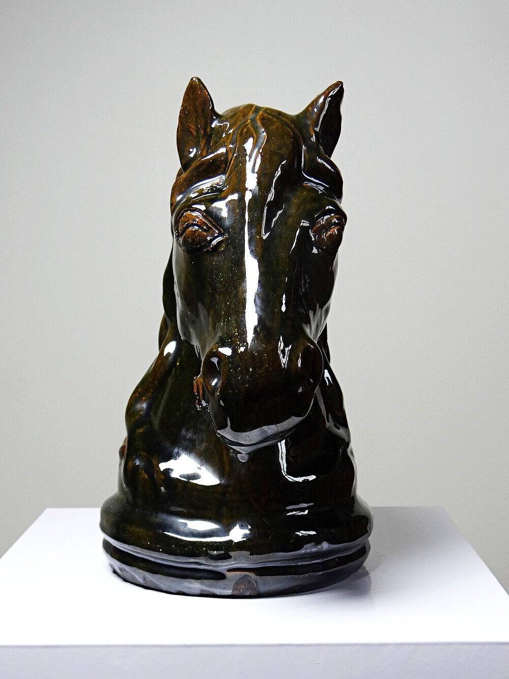 Vintage 1980s glazed terracotta chess knight or horse head.