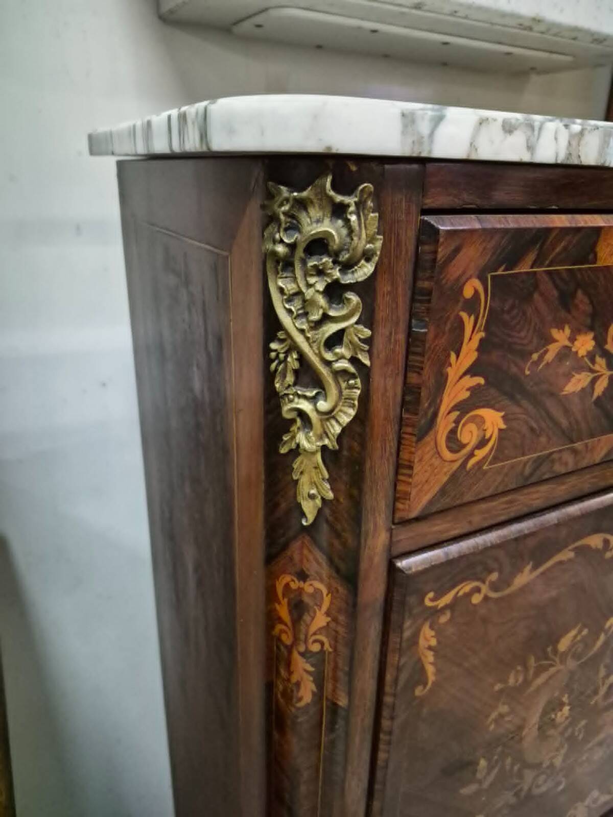 Secretary with a drop-leaf in precious marquetry wood in the Louis XV style.
