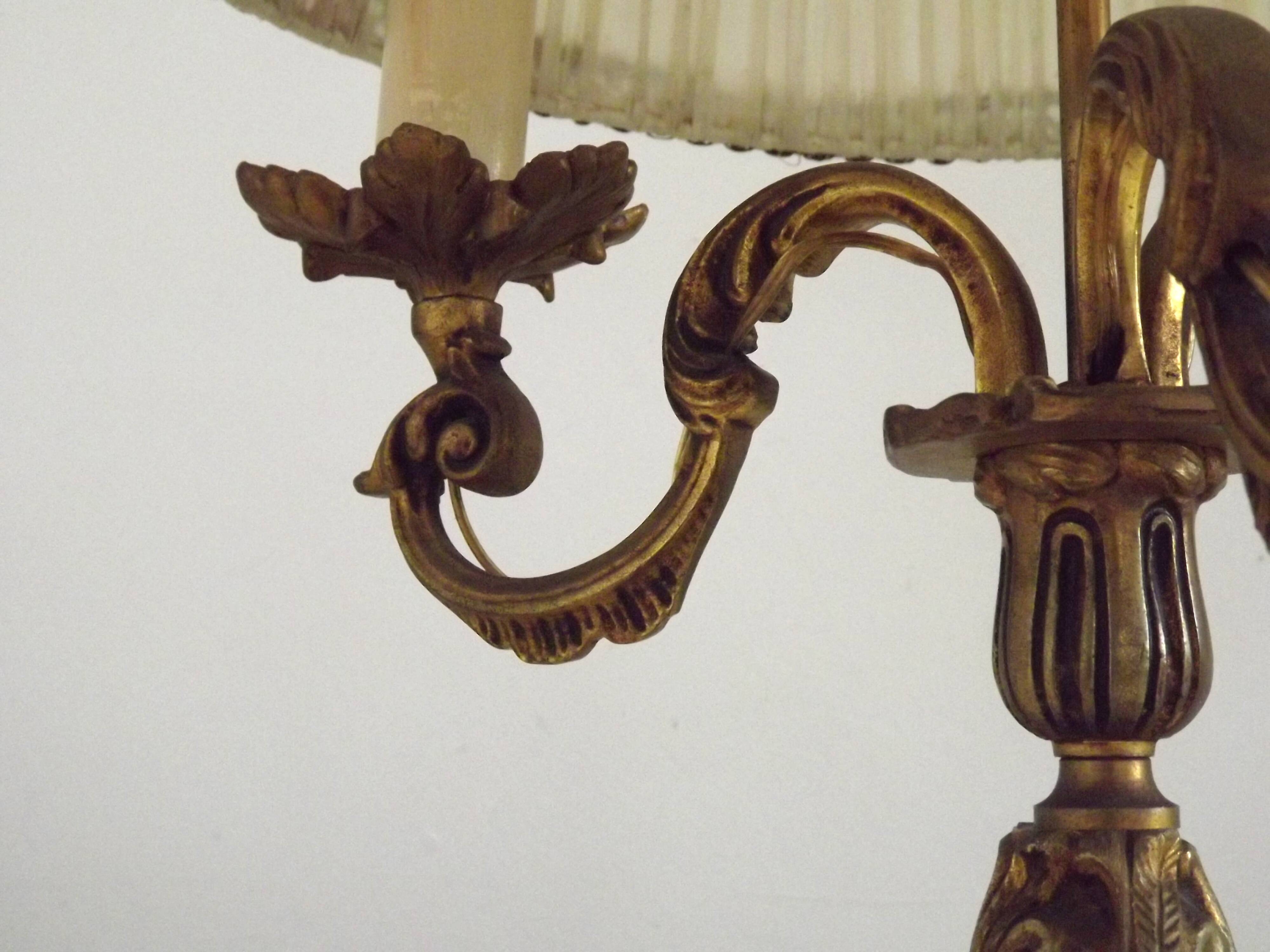 Bronze French Antique Art Nouveau 3-Light Candelabra Lamp Pleated Shade