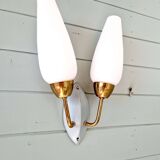 Applique murale double vintage en laiton et opaline blanche, années 1950-60