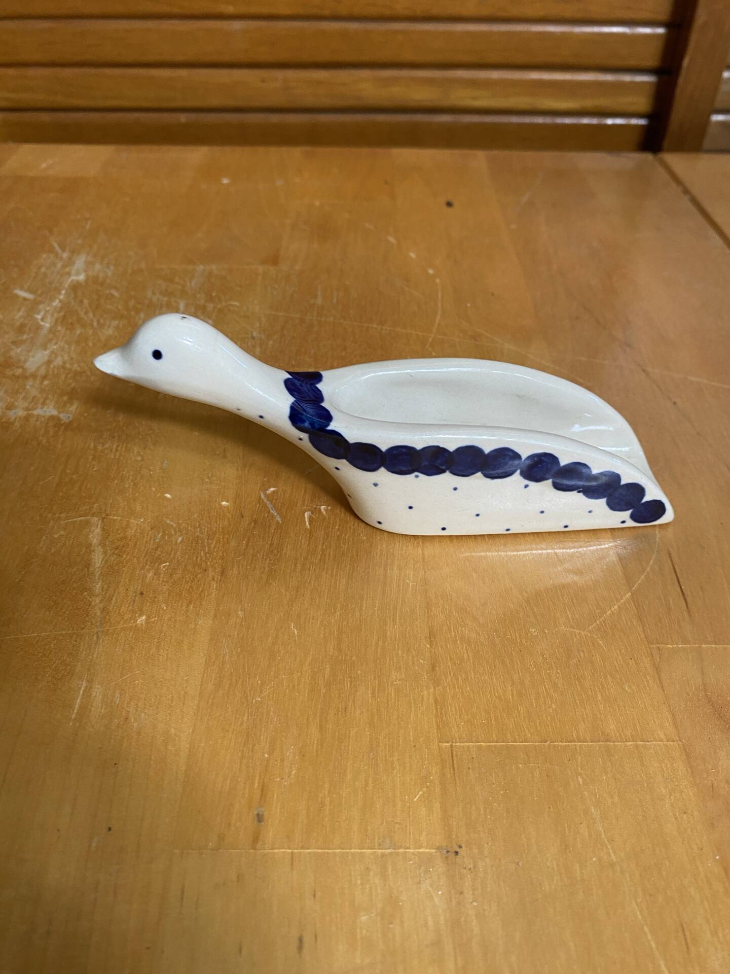 Vintage White & Blue Porcelain Goose-Shaped Kitchen Spoon Poland