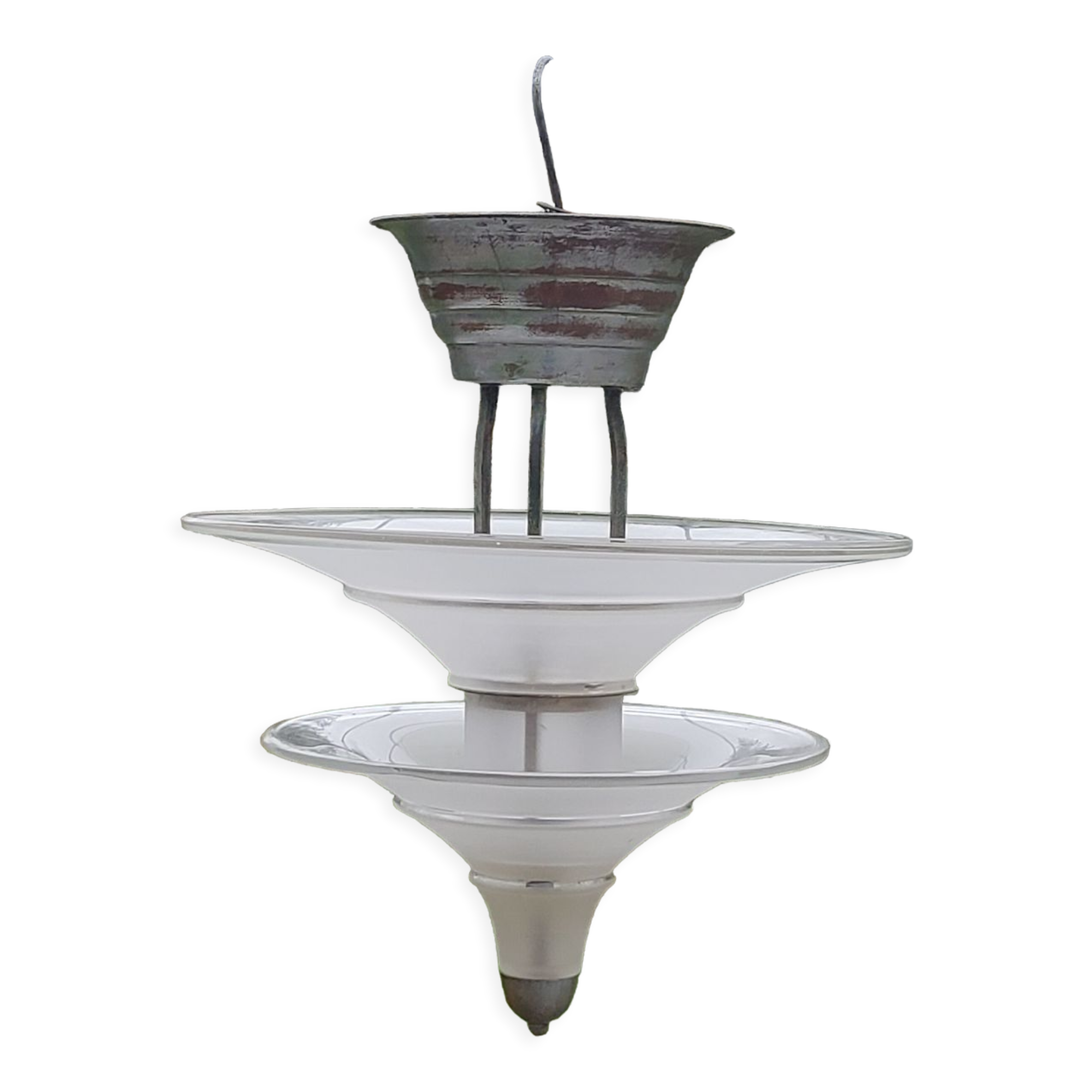 Art Deco chandelier in bronze and silvered brass double sink in opalescent glass