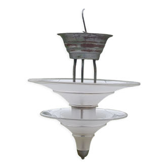 Art Deco chandelier in bronze and silvered brass double sink in opalescent glass