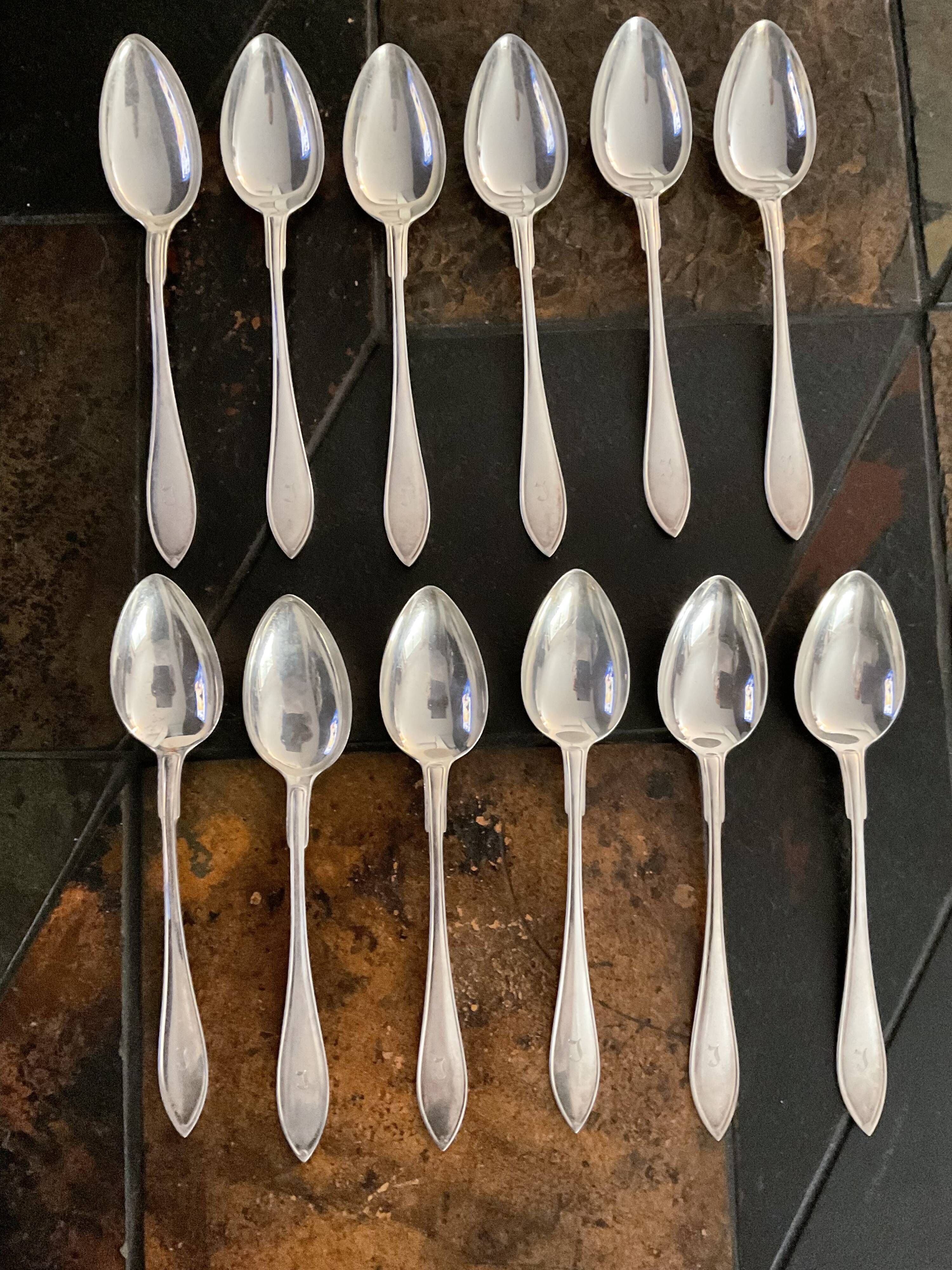 12 silver metal spoons monogram engraved J