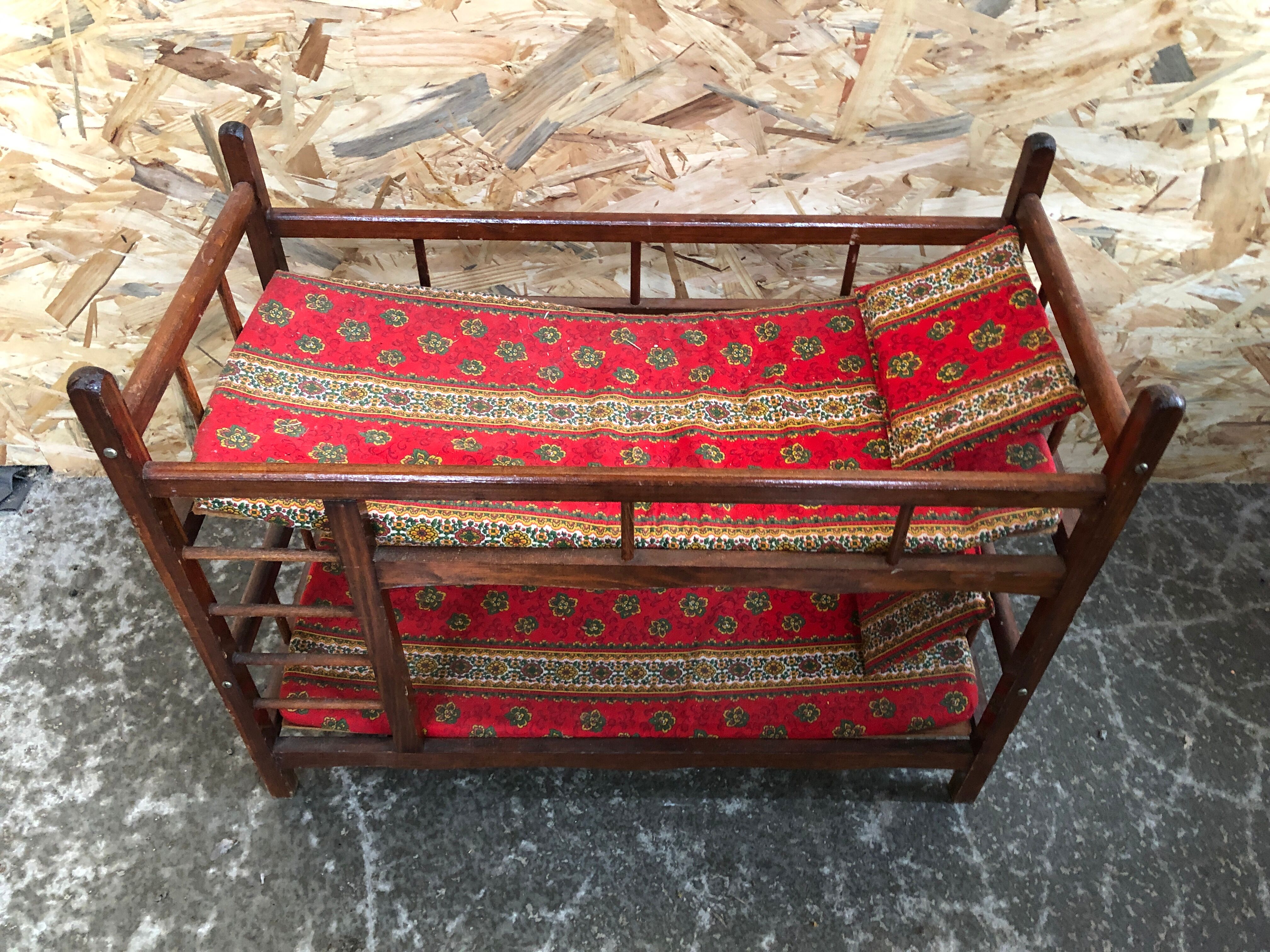 Old bunk bed doll wood + mattresses & cushions vintage fabric