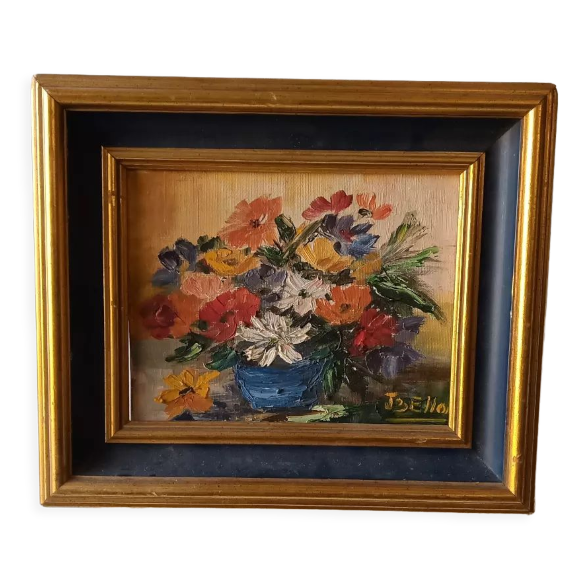 Still life painting blue basin signed