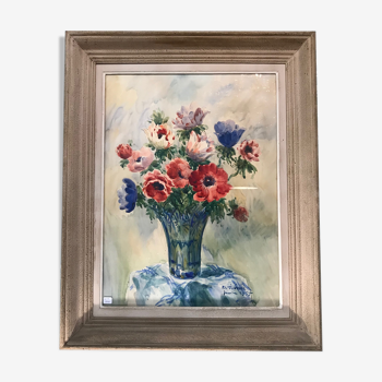 Old watercolor painting signed by P Le Trividic, the bouquet