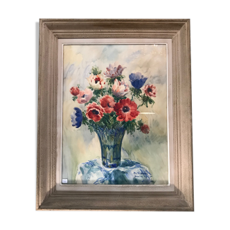 Old watercolor painting signed by P Le Trividic, the bouquet