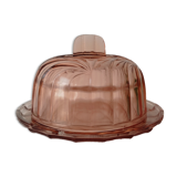 Old cheese or dessert bell and its pink art deco pressed glass tray