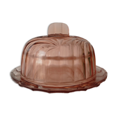 Old cheese or dessert bell and its pink art deco pressed glass tray