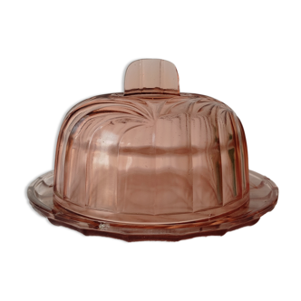 Ancienne cloche à fromage ou à dessert et son plateau en verre pressé rose art déco
