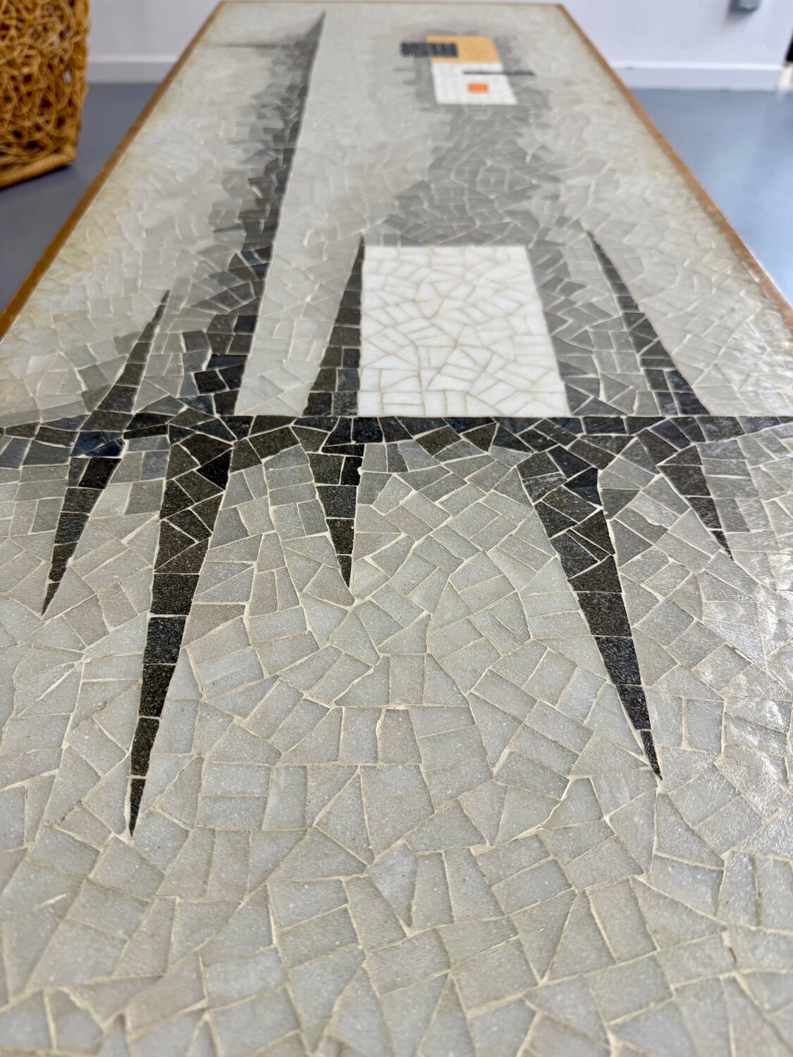 Vintage coffee table with mosaic top, 1960s modernist graphic design.