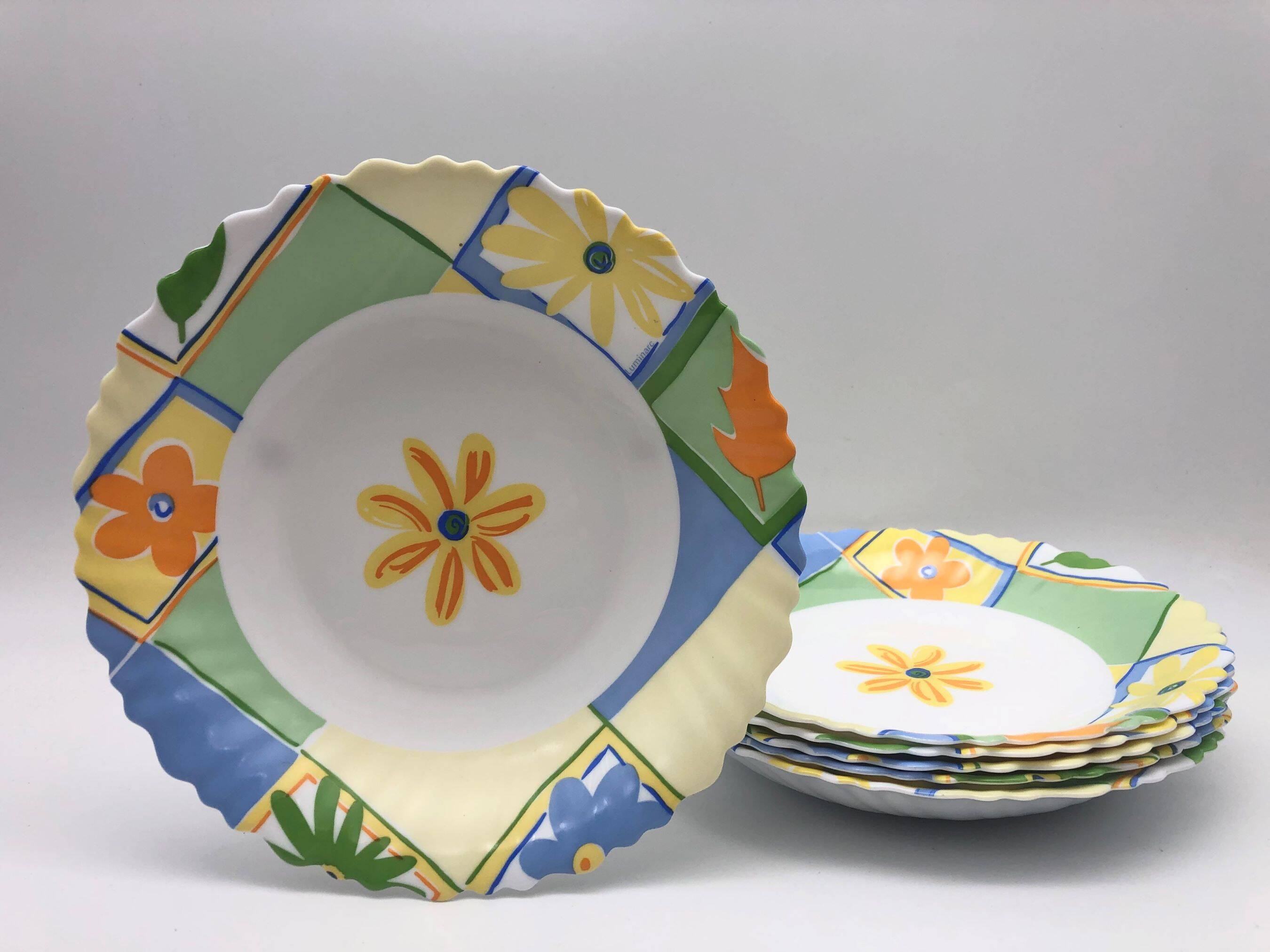 6 hollow plates "luminarc" with flower motifs.