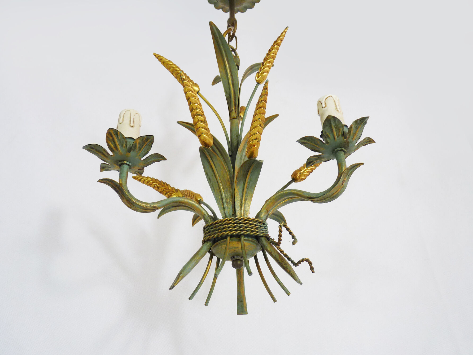 Masca's wheat ear chandelier in aged green and gold metal, 3 fires, year 70/80
