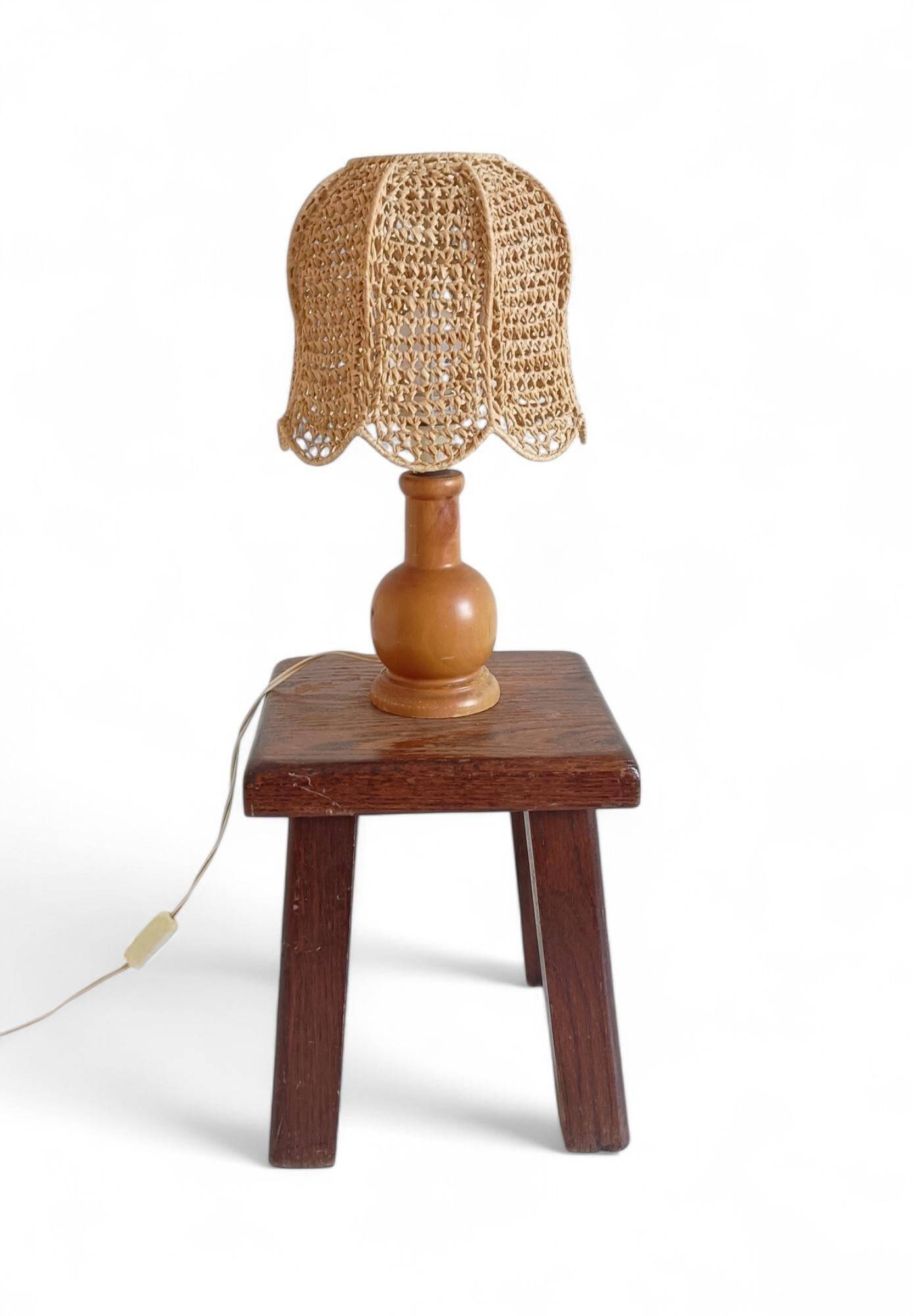 Mid-Century Bohemian Table Lamp, Pine Wood & Raffia, Italy, 1970s