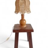 Mid-Century Bohemian Table Lamp, Pine Wood & Raffia, Italy, 1970s