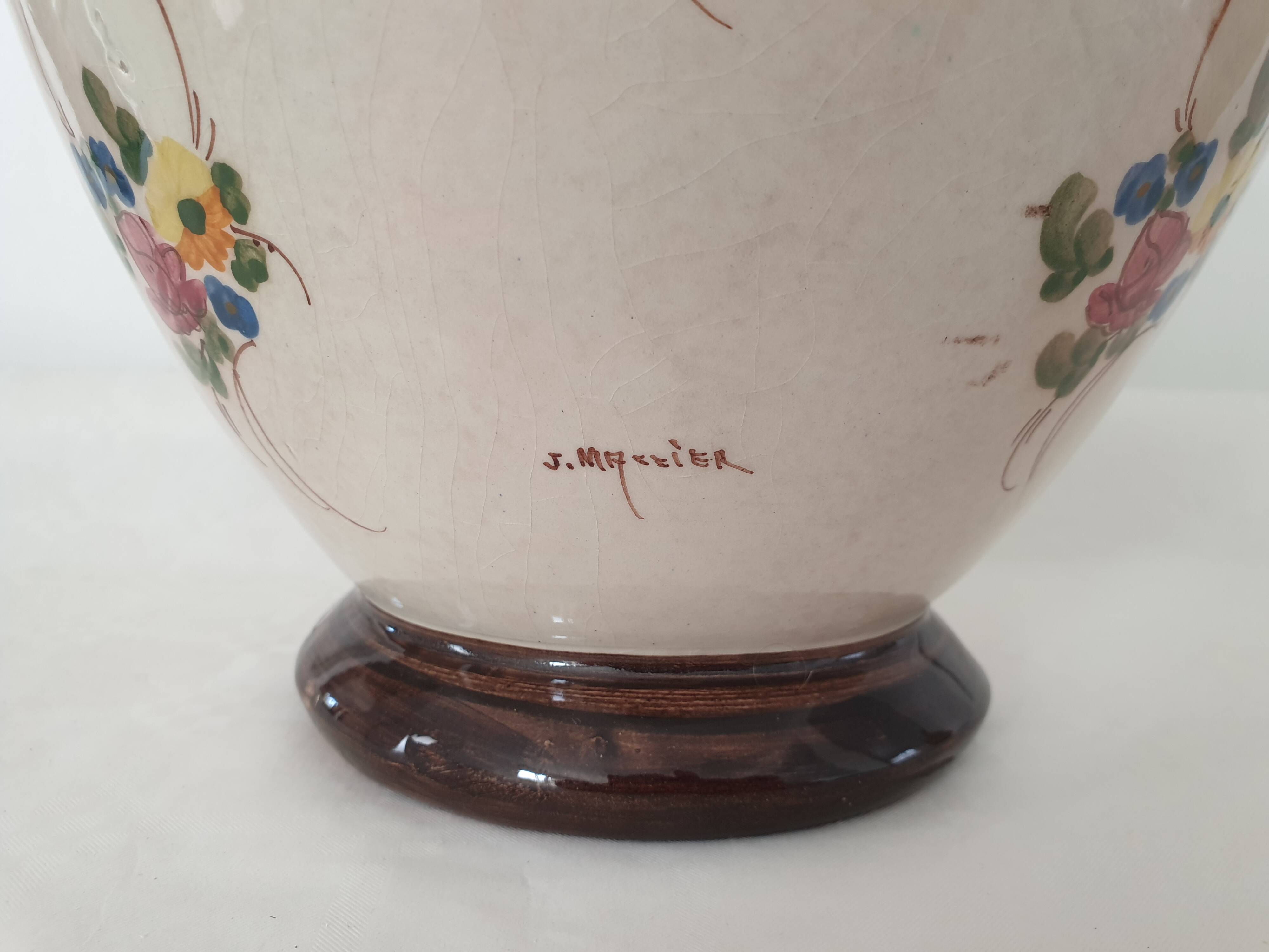 Large ceramic flowerpot with painted flower decoration Signed Massier Vallauris