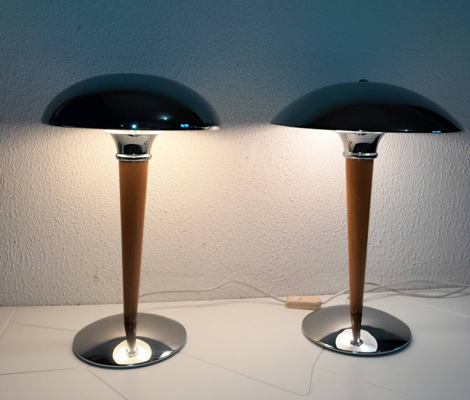 Pair of vintage 1980s wood and chrome ocean liner lamps