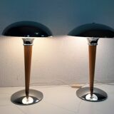 Pair of vintage 1980s wood and chrome ocean liner lamps
