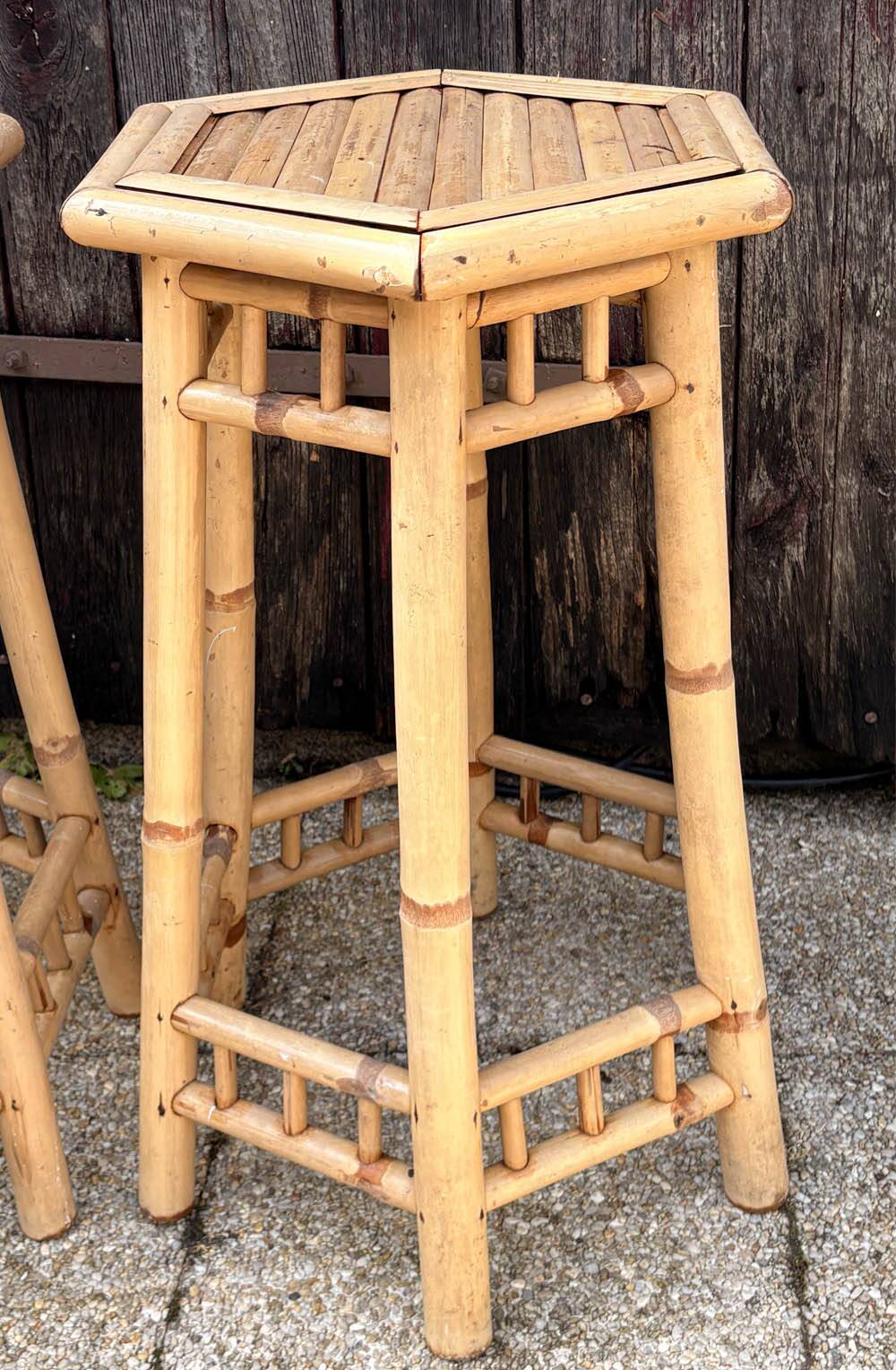 Two high bamboo stools – hexagonal top, vintage, 1970s