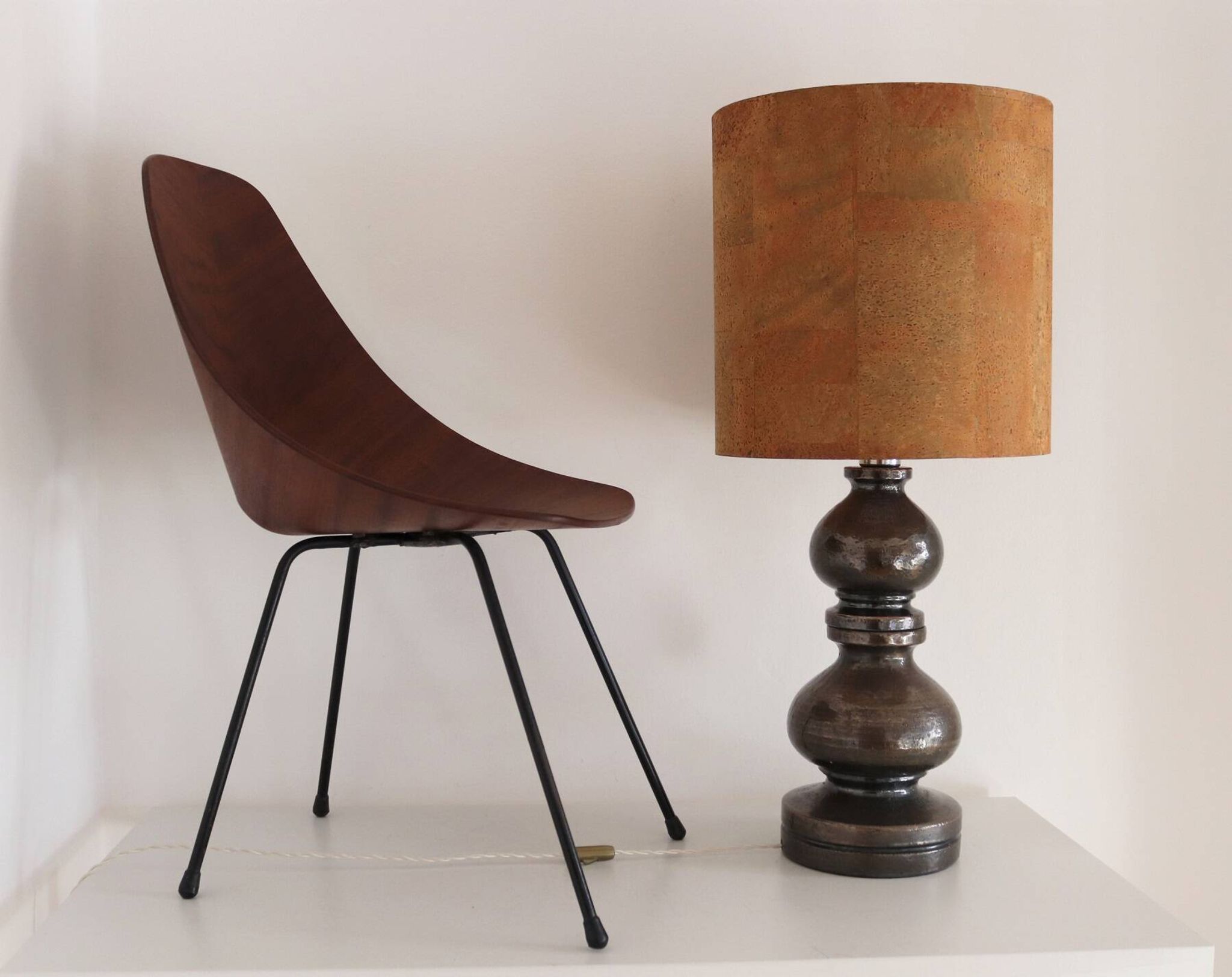 Italian Ceramic Table Lamp by Aldo Londi with Cork Lampshade, 1960