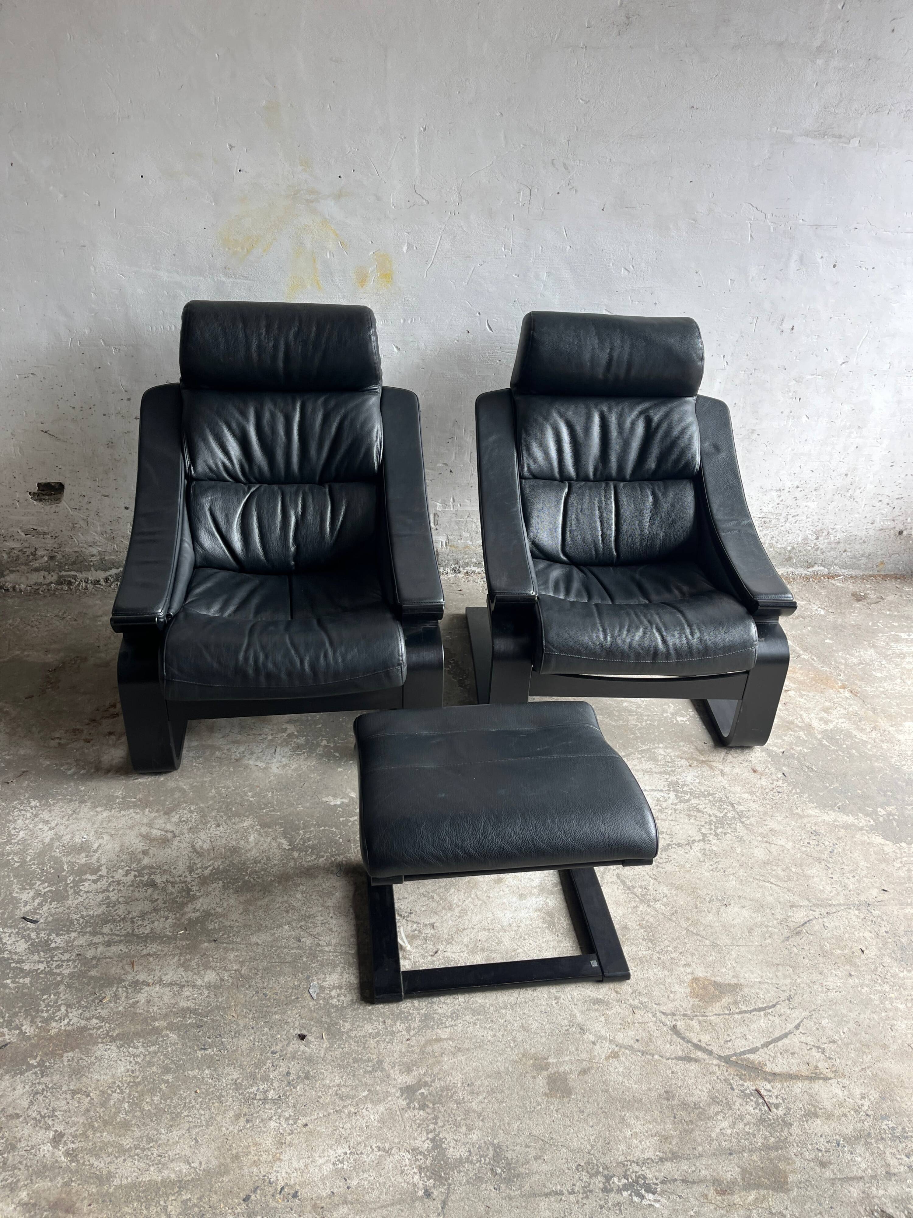 Nelo Kroken 4-piece black leather sofa set, 1970s