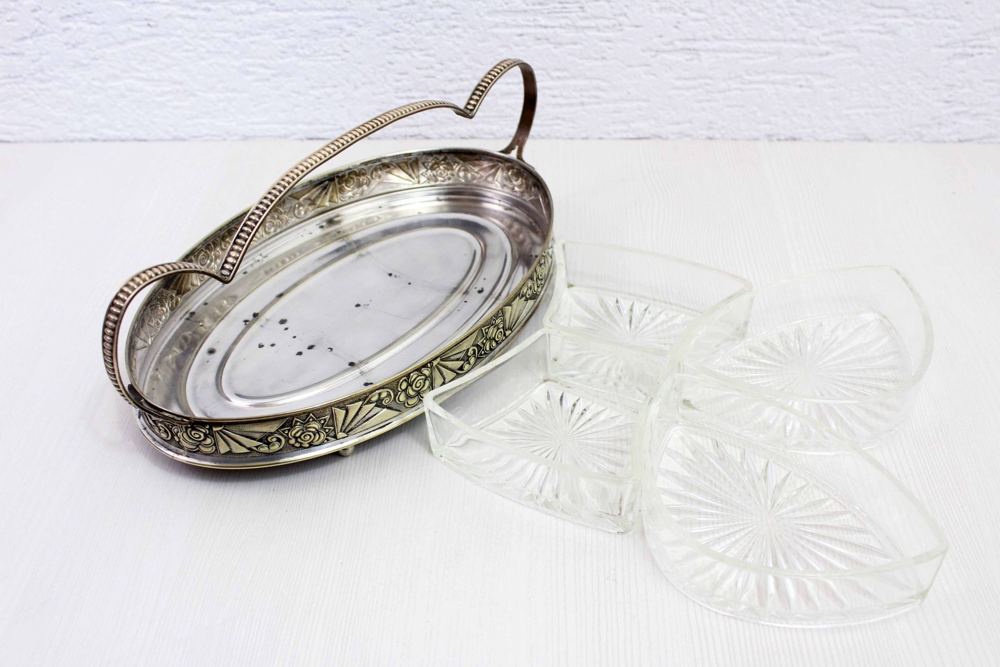 Art Deco silver metal tray with 4 ramekins