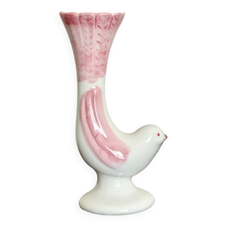 Vase cornet vintage en forme d’oiseau rose et blanc