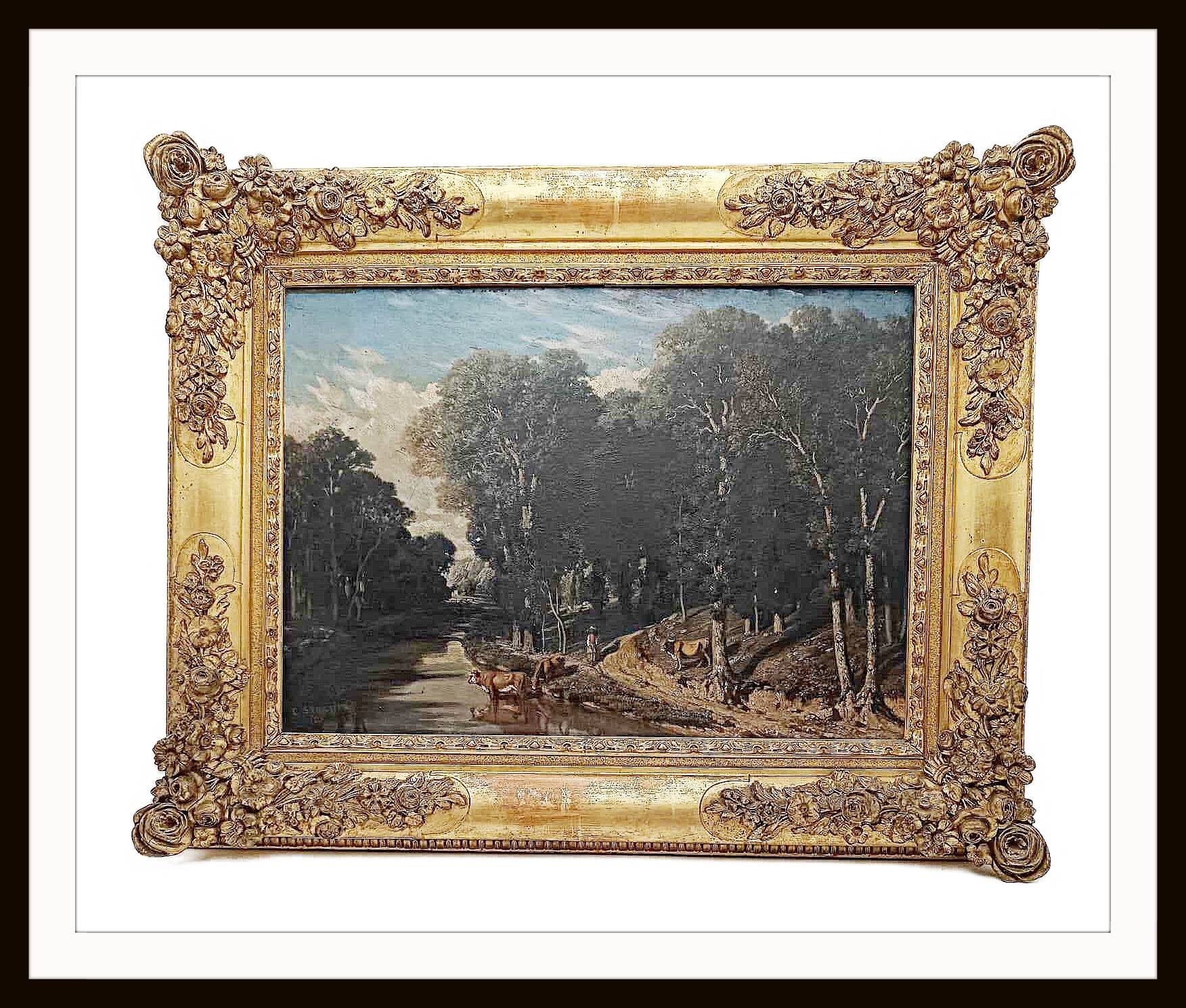 Very beautiful Sabatier painting describing a scene with oxen drinking from the river against a forest background