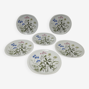 Six flat plates Alcée model porcelain Bernardaud Limoges floral decoration