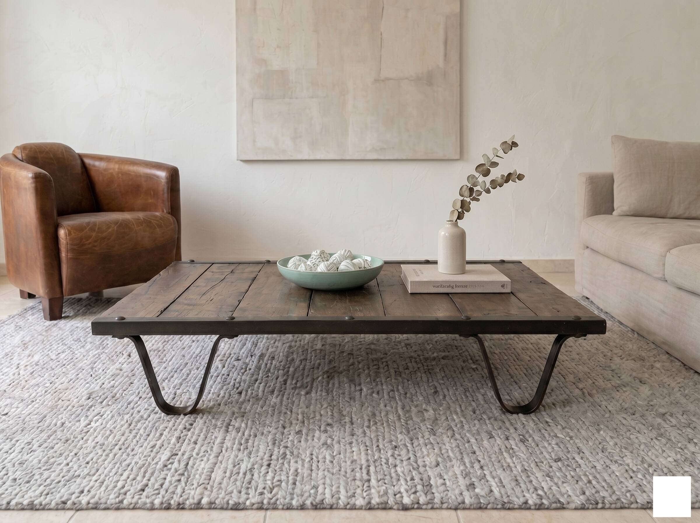 Industrial coffee table made of solid wood and old railway tracks.