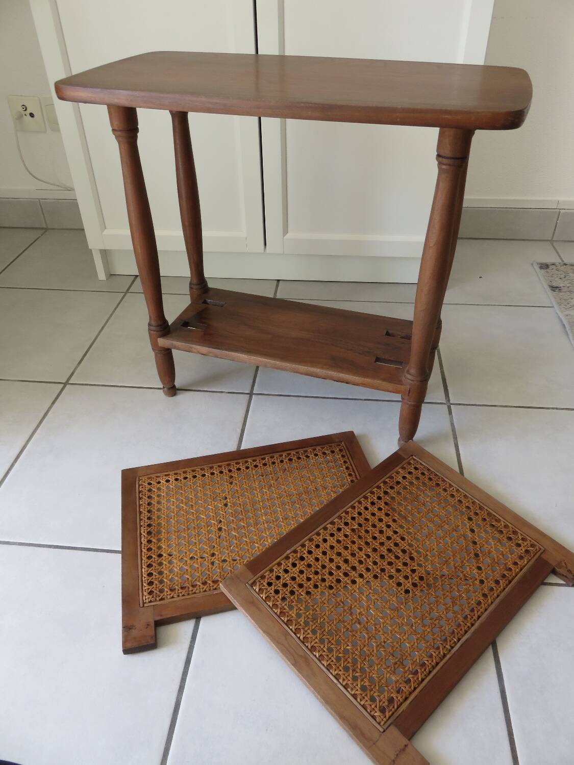 Vintage wooden and cane magazine rack Side table
