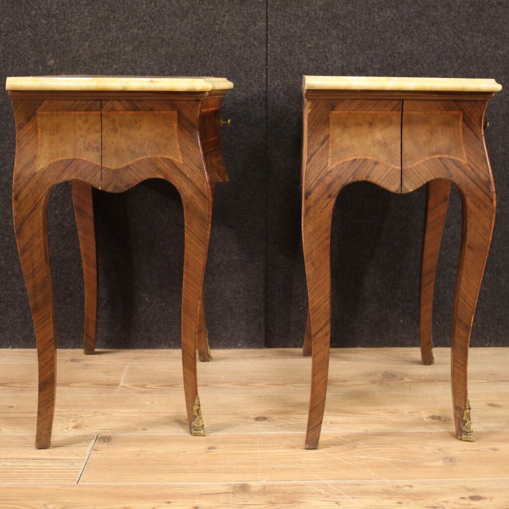 Pair of Italian inlaid bedside tables with marble top
