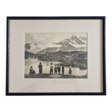 Framed vintage photograph of an alpine lake with hikers, 1930, 36 x 29 cm.