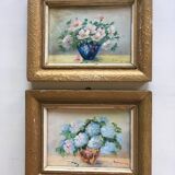 Set of 2 paintings bouquets of flowers with golden frame (signed Morgan)