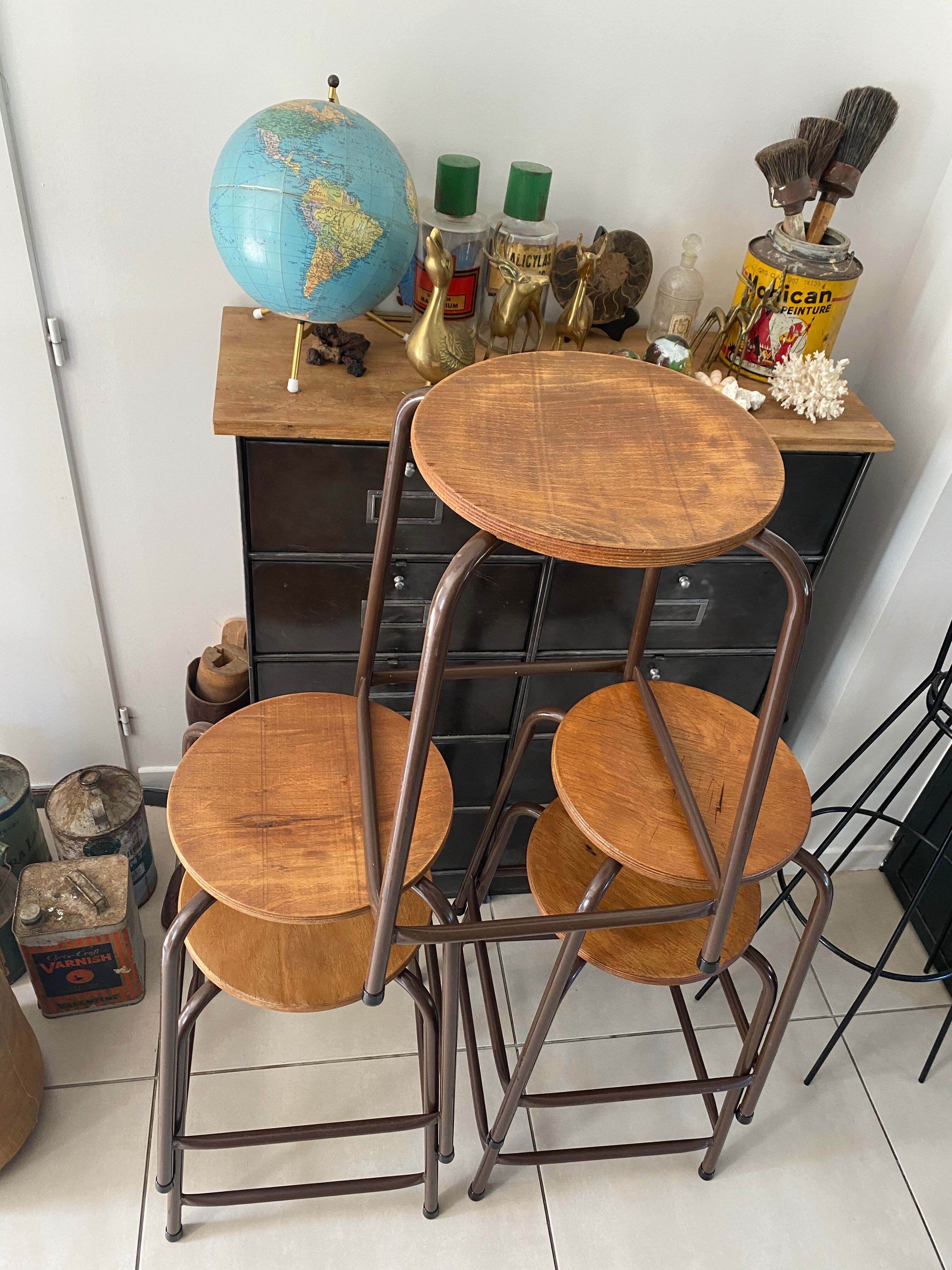 Series of 5 metal and wood workshop stools