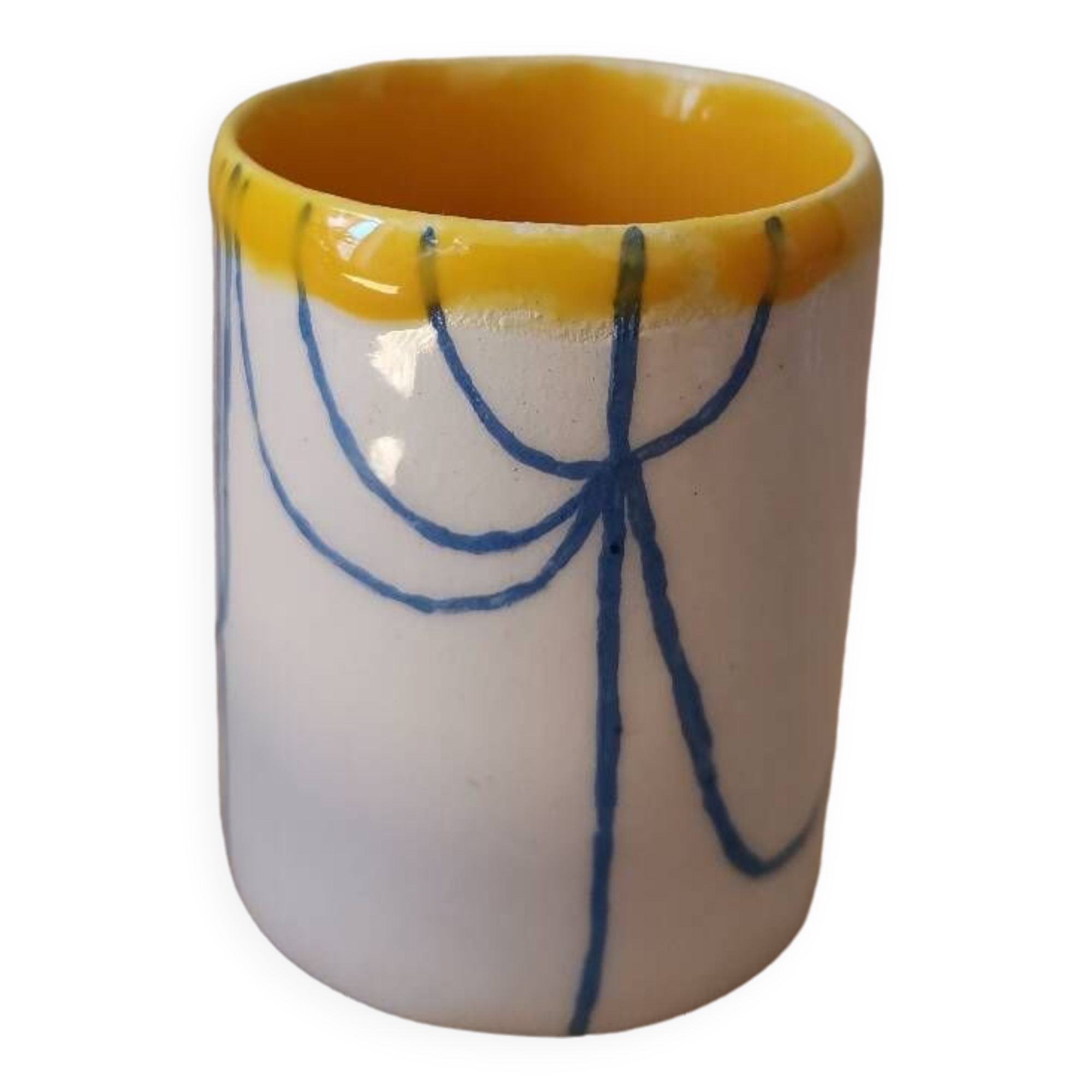Handmade ceramic coffee cup blue yellow line