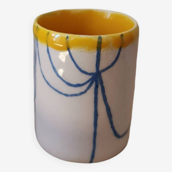Handmade ceramic coffee cup blue yellow line
