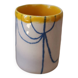 Handmade ceramic coffee cup blue yellow line