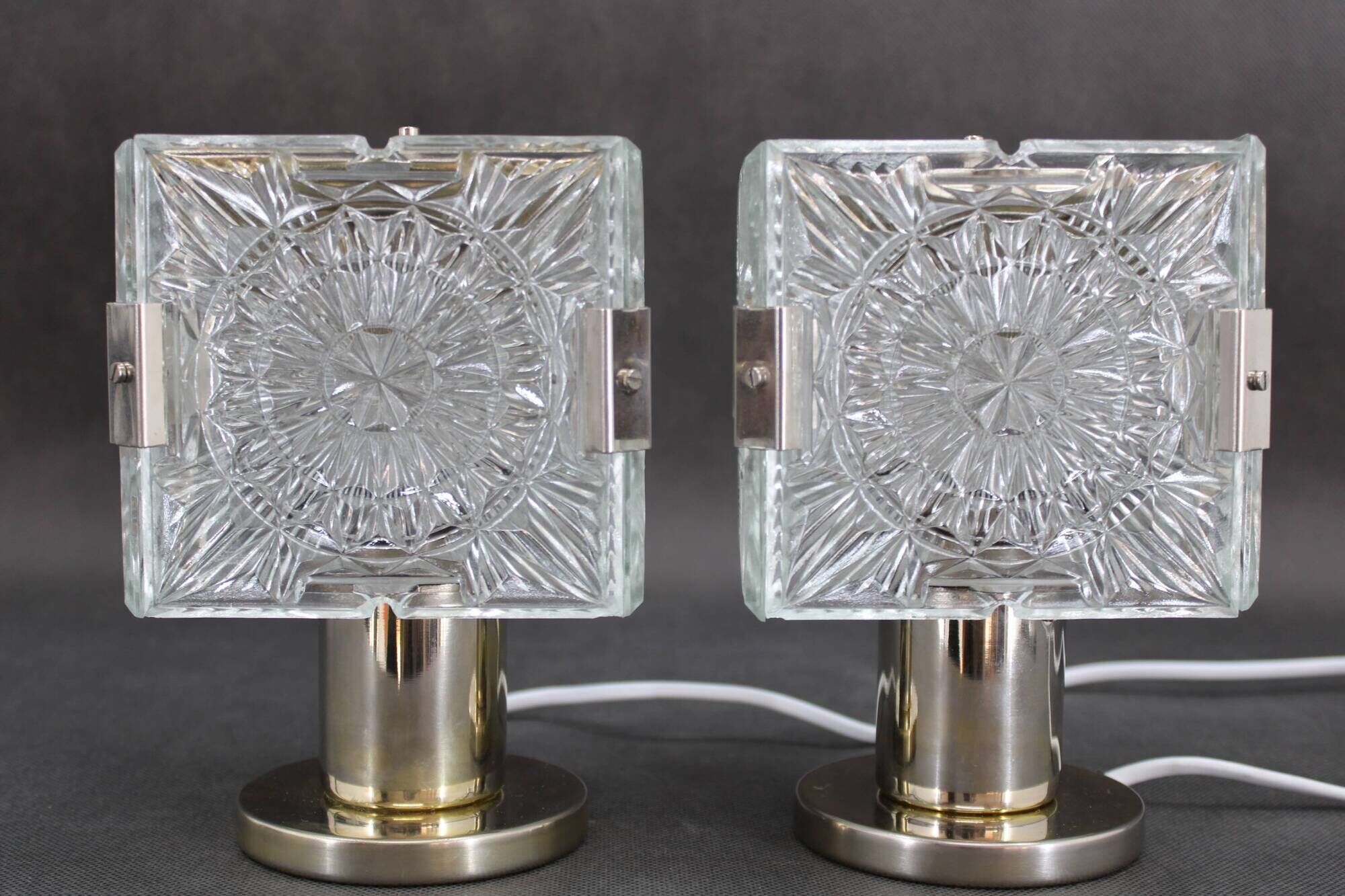 1970s Pair of Brass/Glass Table Lamps by Kamenicky Senov, Czechoslovakia